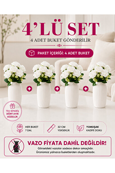 MD Aspiz Flowers 4 باقات من الزهور الاصطناعية، باقة من 7 ورود بيضاء فاخرة من ...