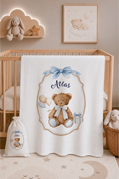 İsme Özel %100 Organik Pamuk 4 Kat Muslin Battaniye-Taşıma Keseli Baby Teddy