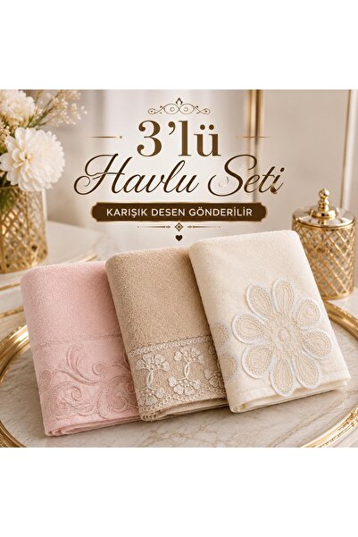 Çeyiz Bahçesi üçlü karışık desen havlu seti