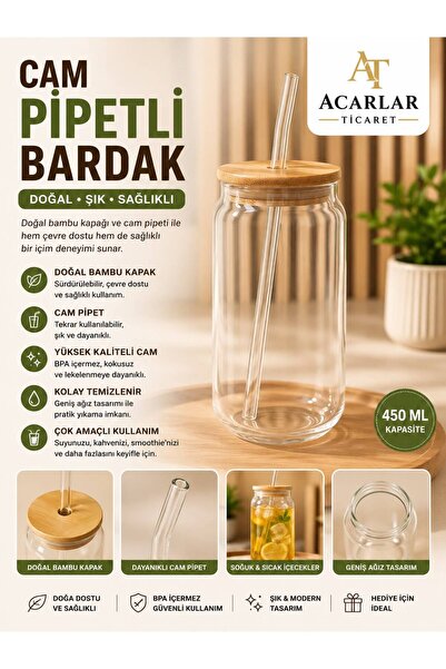 Acarlar Ticaret Bambu Kapaklı Pipetli Cam Bardak Isıya Dayanıklı Borosilikat ...