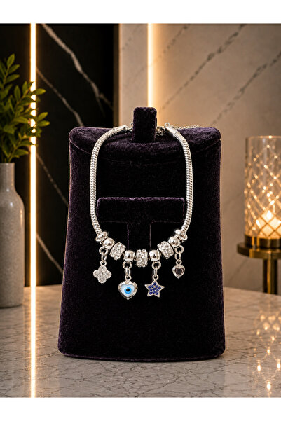 Shopping Takı 316L Premium Zirkon Yıldızlı Ve Kalpli Nazar Boncuklu Charmlı T...