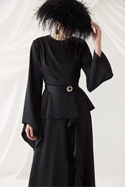 Ahel Tasarım Ahel Flounce Brooch Detailed Satin Evening Dress - Black