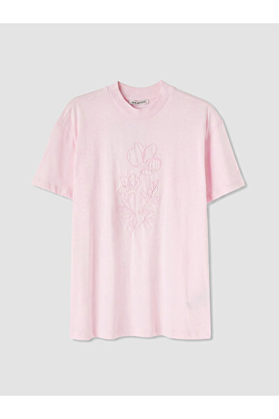 LC Waikiki Lcw Modest Pink Embroidered 100% Cotton Women's T-Shirt