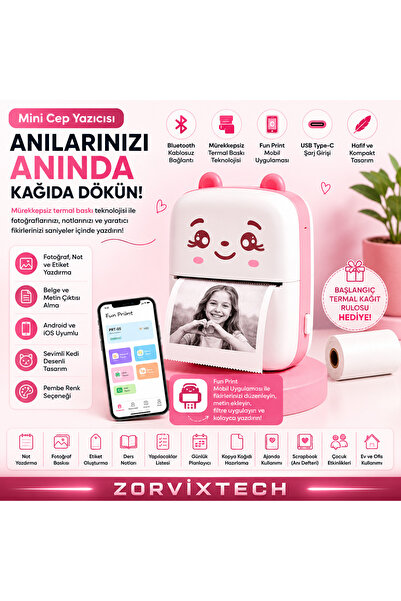 ZorvixTech Mini Cep Yazıcısı Bluetooth Termal Yazıcı iOS Android Mobil Yazıcı