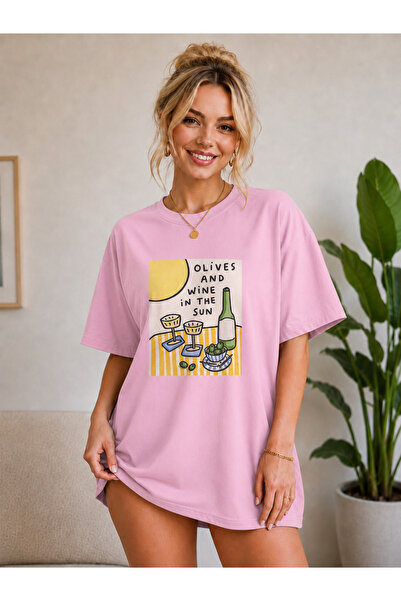 FECCY Premium Olives Printed Oversize Women's T-Shirt Cotton Oversize T-Shirt