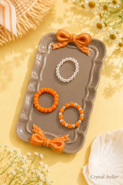 Crystal Atelier Orange White Pearl Beaded 3-Piece Elastic Women's Ring Set Su...