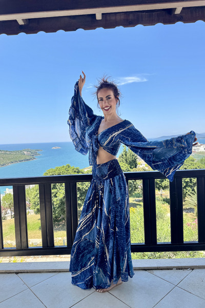 zarivabutik İthal Etnik Desenli Bohem İpek Pantolon Takım