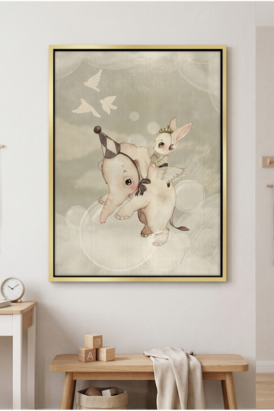 Jasmine Art Whimsical Elephant and Bunny Kids Wall Art | Portrait Framed Canv...