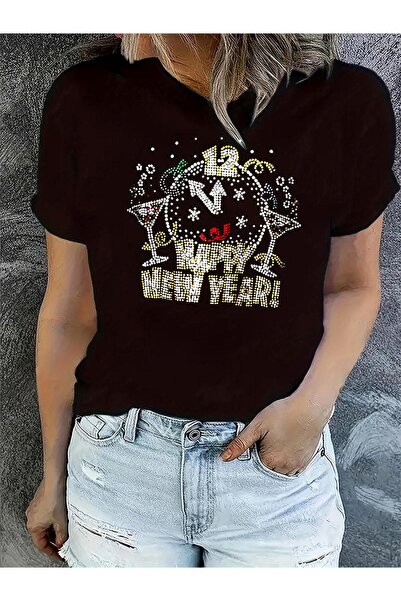 12 HERTZ HAPPY NEW YEAR Graphic Print T-shirt, Short Sleeve Crew Neck Casual ...