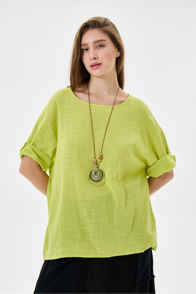 della moor Lime Green Italian Collared Oversize Blouse Size 40 - 44