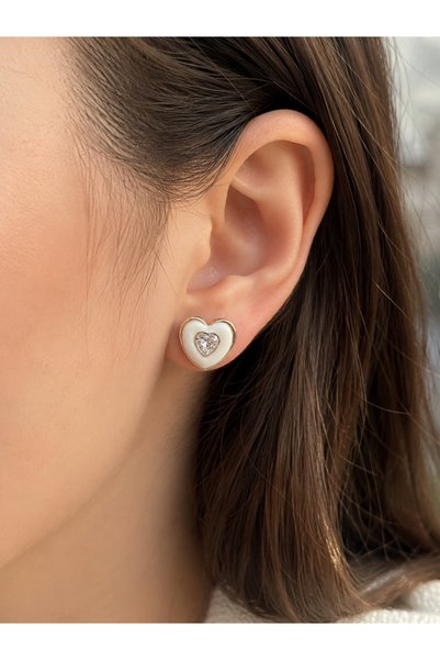 Bymiel Heart Detailed Zircon Stone Steel Earrings – Gold & White – Daily Wear...