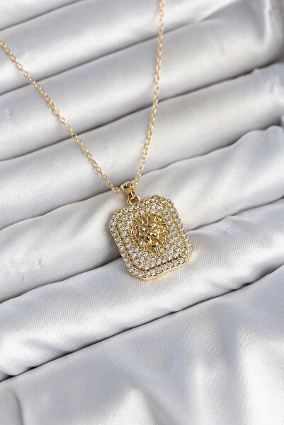 OGHAMAY 316L Steel Chain Gold Lion Medallion Model Zircon Stone Women's Necklace