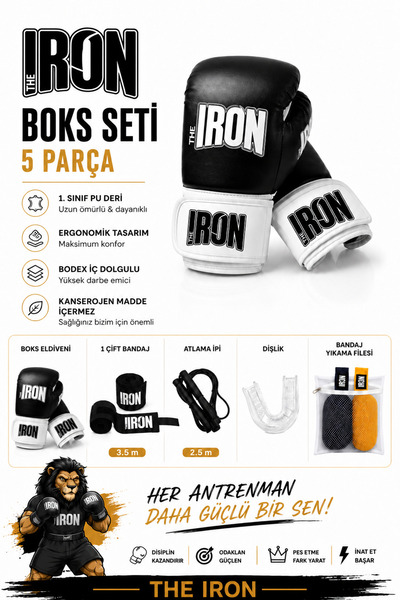 THE IRON 5 Piece Boxing Set - Boxing Gloves + 3.5m Bandage + Jump Rope + Mout...