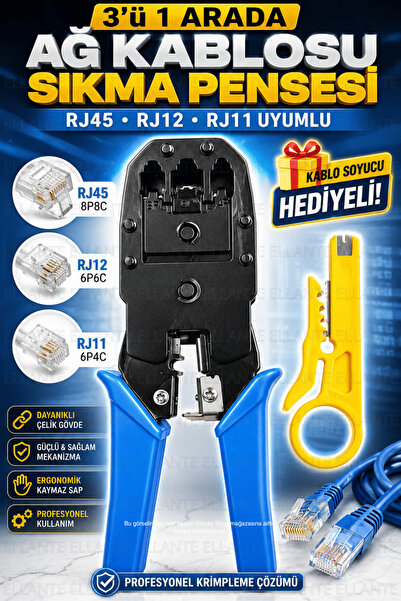 ellante 3'ü 1 Arada RJ45 RJ12 RJ11 Ağ Kablosu Krimp Pensesi Ethernet Sıkma Pe...