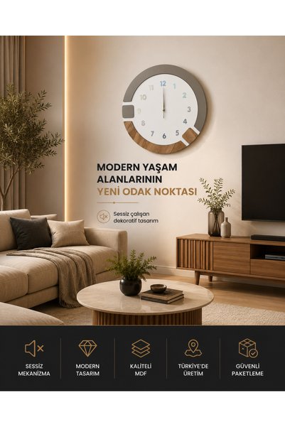 Nixar Desing Sessiz Mekanizmalı Modern Geometrik MDF Duvar Saati Gri Ahşap Görünümlü Duvar Saati 42x42 cm
