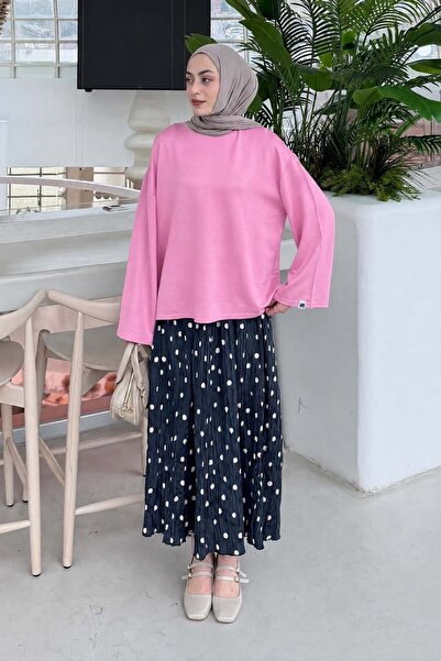 lamelif Sleeve Embroidered Sweatshirt Pink