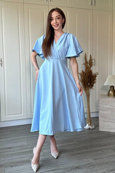 Dilay Gökoğlu Butik V-Neck Ruffled Midi Dress with Flounce Sleeves