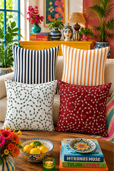 ASDİVA Set of 4 Decorative Throw Pillow Covers 43X43 cm Striped and Patterned...