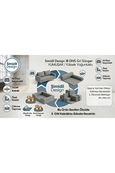 Simidil Design 18 DNS Sert Gri Sünger - Orta Sertlikte 5 cm Kalınlık Yüksek Y...