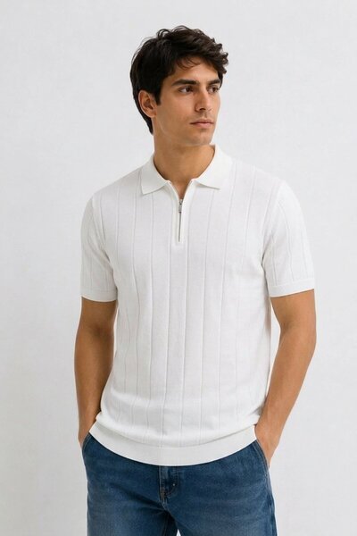 Maccali Men's Casual Striped Regular Fit White Polo Knitwear T-Shirt