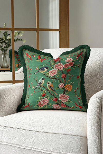 Evimde Bambaşka Exotic Bird Floral Fringe Pillowcase - Singing Bird Corner Bo...