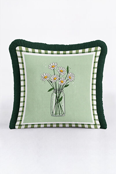 Evimde Bambaşka Elegant Fringed Pillowcase with Floral Daisy Motif - Plaid Mi...