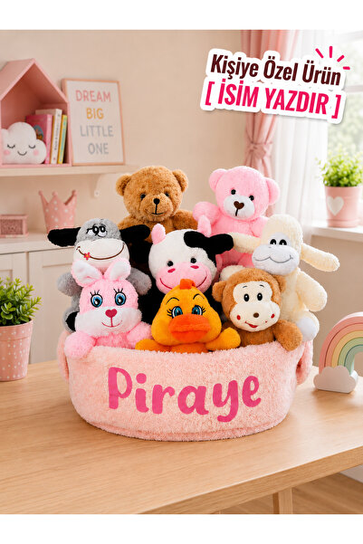 Pandamkee Kişiye Özel İsim Baskılı Büyük Boy Peluş Oyuncak Sepeti - 8 Parça P...