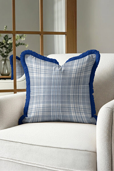Evimde Bambaşka Plaid Pattern Stylish Fringed Pillowcase - Elegant Country Gr...