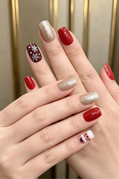 Easy Beauty 24 Adet Yılbaşı Desenli Kırmızı Kısa Takma Tırnak Seti Yapıştırıc...