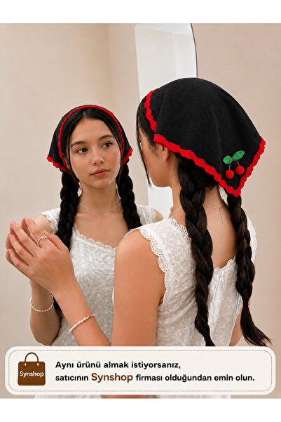synshop Bandană triunghiulară tricotată roșu cireșiu și negru Alaçatı Bandă d...