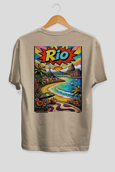 Ankhises Μπλουζάκι Rio Brazil Beige Oversize Country City με στάμπα στην πλάτ...