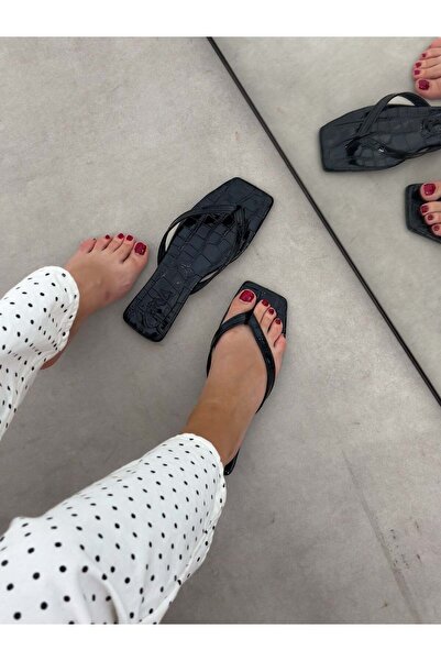 ERVANIN BUTİĞİ Black Crocodile Pattern (Laddies) Women's Flip-Flops