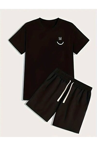 Boi Smiling Face Printed T-Shirt Shorts Loose Fit Comfortable Fit Black Botto...
