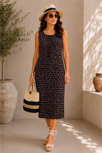 ÖNE BUTİK Women's Summer Dress with Thick Straps and Lace-Up Cotton Combed Cl...