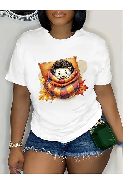 212Wear Hedgehog Pattern Printed T-Shirt with a Casual Round Neck, Short Slee...