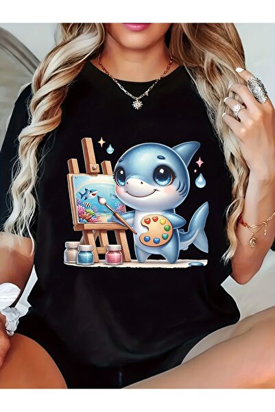 212Wear تي شيرت مطبوع بأكمام قصيرة بتصميم سمكة القرش اللطيفة، بلوزة صيفية كاج...