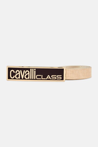 Cavalli Class حزام جلدي كلاسيكي للنساء مع مشبك ذهبي، لون بيج
