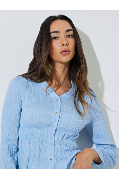 Styli Blue Textured V Neck Button Front Blouse