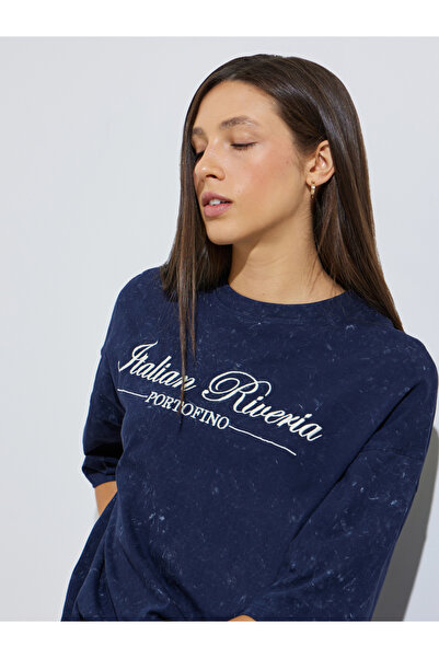 Styli Navy Blue Embroidered Washed Oversized T-Shirt