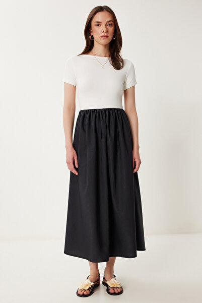 Hotfashion Women's Ecru Black Knitted Top Poplin Skirt Summer Dress Zv00305