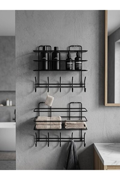Aktel Banyo 2 Adet Yapışkanlı Banyo Rafı 10 Askılıklı Duş Rafı Montaj Gerekme...