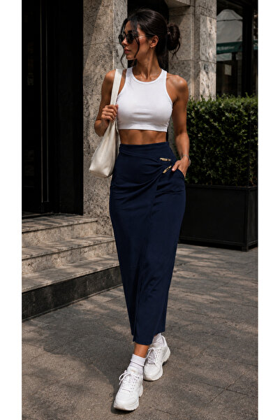 get crazy collection Kadın Hafif Likralı Kumaş Kruvaze Aksesuarlı Yan Derin Y...