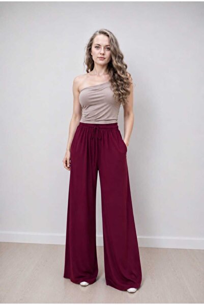 A.P Boutique Pantaloni palazzo vișinii cu talie elastică și șnur