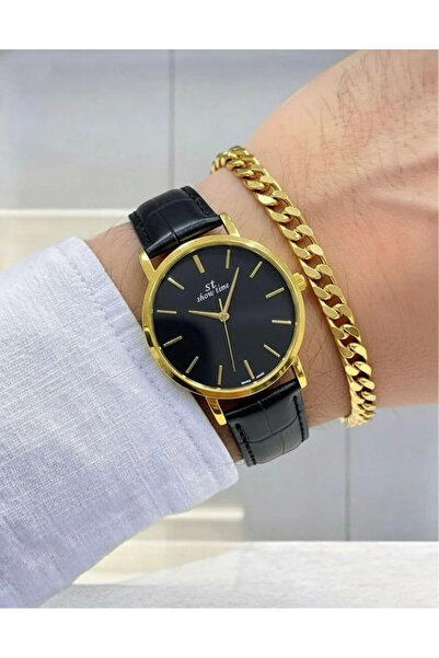 Feronnucci Men's Wristwatch Pu Leather Cord Black Color Dial Gold Case Bracel...