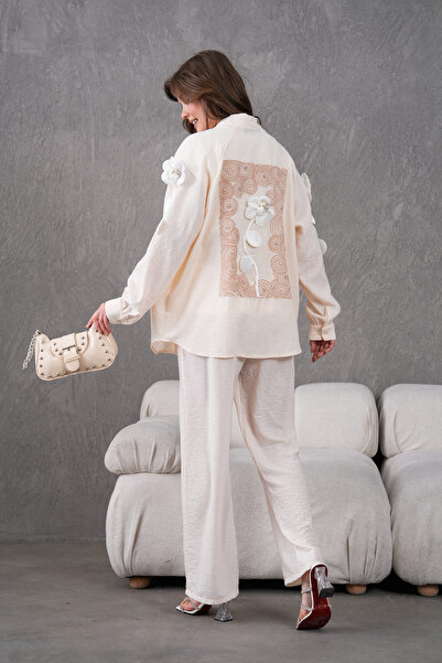 Moda Neval Nakış İşlemeli Keten Kimono Alt Üst Takım