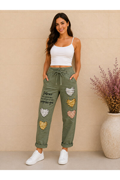 AGORATEKSTİL Women's Original Italian Full-Ligra Elastic Waist Heart Sequin D...