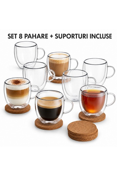 Solvero Set 8 pahare/cani cu maner si perete dublu, termorezistente, din stic...
