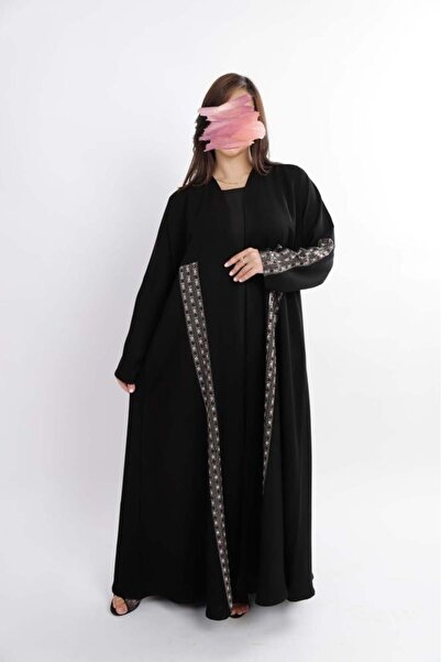Anaqa Abaya Black Cobra Abaya with Embroidered and Embellished Sleeves