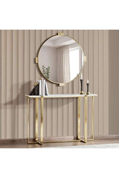 PAN HOME CORRINE CONSOLE TABLE WITH MIRROR MARBLE - WHITE & ANTIQUE BRASS