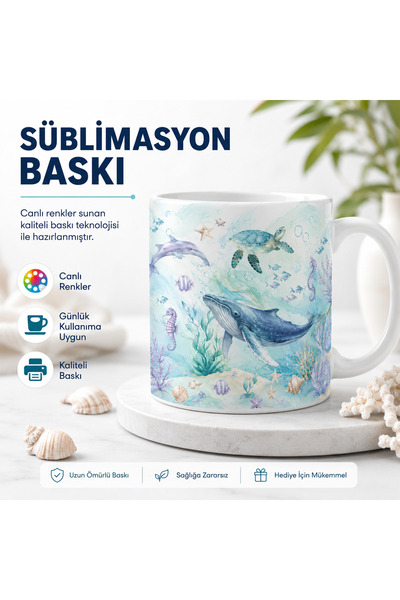HiperAD Reklam Deniz Okyanus Temalı Porselen Kupa Bardak 300 ML Balina Yunus ...